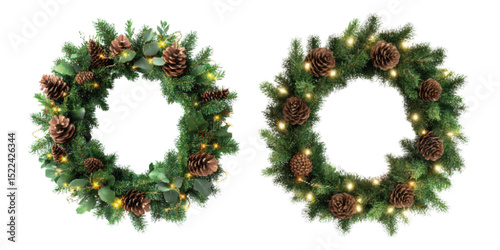 Decorative Christmas wreaths featuring pinecones, greenery, and warm LED lights, ideal for holiday decor and celebrations