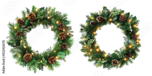 Holiday wreath decorations featuring pinecones, leaves, and string lights on a white background