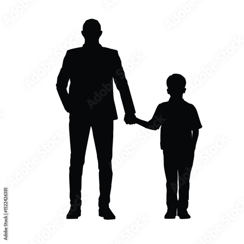 A silhouette of a father holding his son’s hand, standing side by side in strong family unity