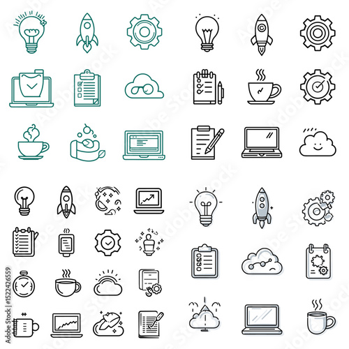 Startup and productivity icon set with rockets, coffee, laptops, clipboards, and light bulbs. Perfect for business launch, teamwork, and work-from-home themes.


