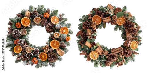 Festive holiday wreaths with pinecones, dried orange slices, and eucalyptus on a white background for seasonal decor inspiration