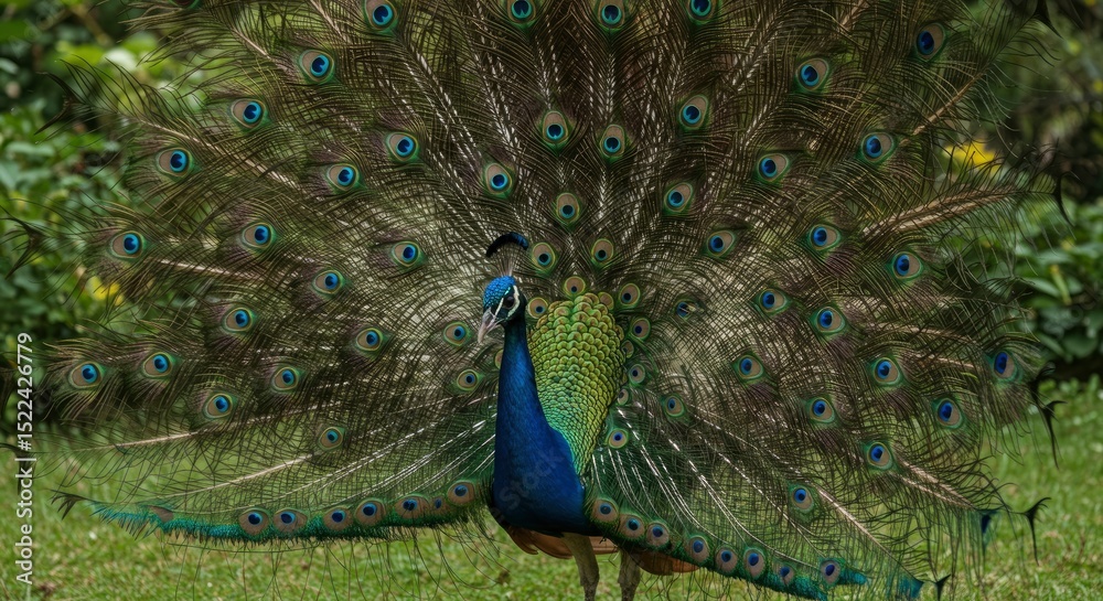 Obraz premium Elegant Peacock Displaying Vibrant Feathers on Green Grass with Colorful Pattern and Blue Accents