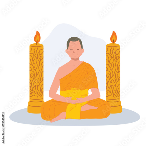 buddhist monk meditating during candle festival for thai buddhist lent. Flat vector cartoon illustration