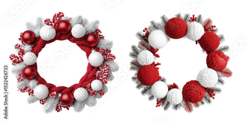 Festive red and white Christmas wreath with ornaments and foliage, perfect for holiday decoration and seasonal celebrations