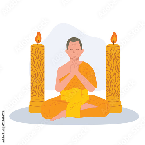 buddhist monk praying with candle light during buddhist lent. Flat vector cartoon illustration