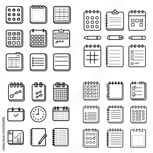 Minimalist calendar and schedule icon set in outline style, featuring planners, notepads, checklists, and clocks. Ideal for apps, productivity tools, and UI design.

