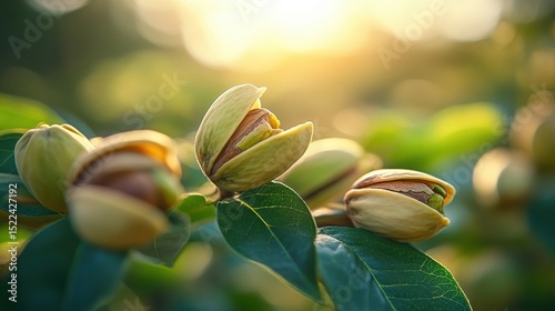 Captivating pistachio nut still life on a branch with radiant sunlight in a vibrant green and golden natural setting serene and fresh close up shot