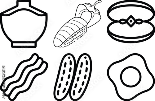Hand Drawn Food Doodle Icons – Fried Egg, Bacon, Corn, Cucumber, Bowl & Snack Symbols