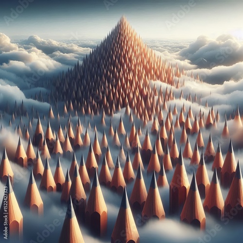 A mountain range made of sharpened pencils tips piercing the clo