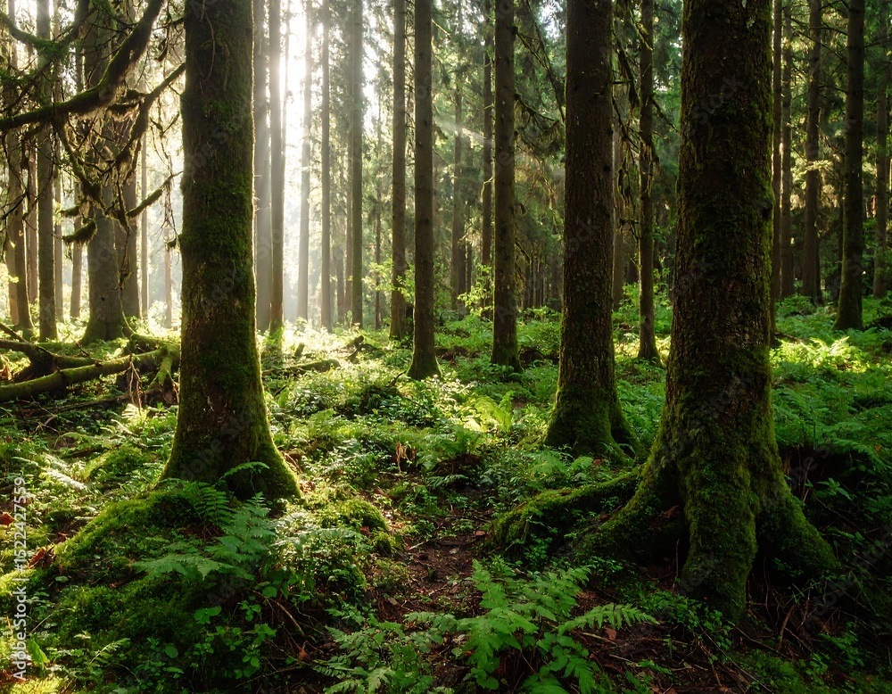 Obraz premium Sunlight streams through a mossy forest