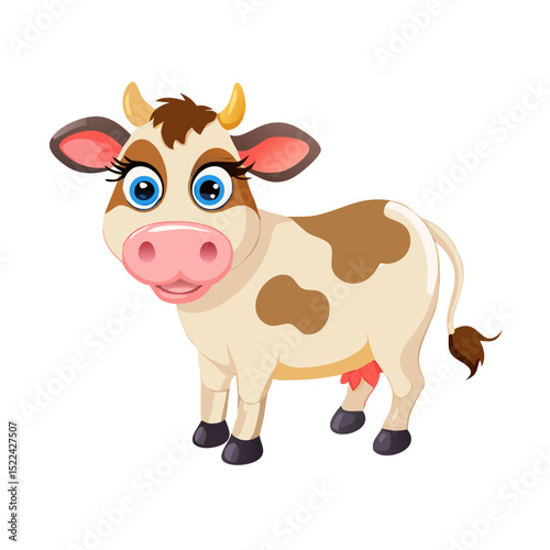Vector illustration of a gentle cow with large eyes and smooth fur, standing on a white background.