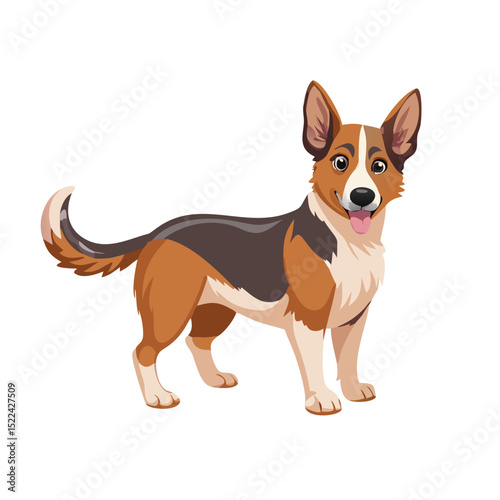 Vector illustration of a loyal dog with perked ears and a wagging tail, isolated on a white background.