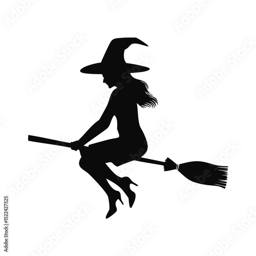 Silhouette witch flying on broomstick halloween