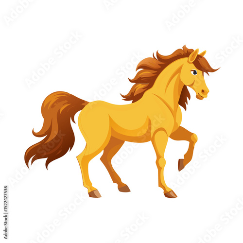 Vector illustration of an alert horse with a flowing mane and strong posture, standing on a white background.