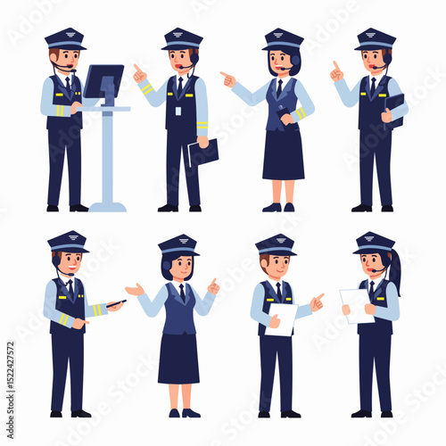 Air traffic controller characters in various poses