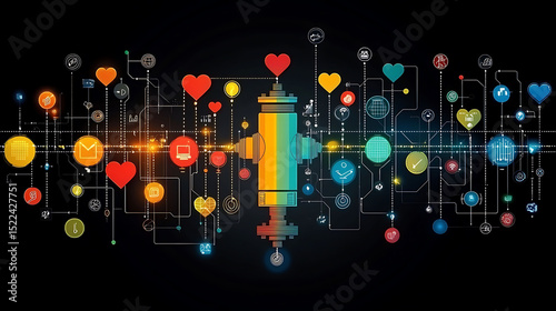 Vibrant network graphic depicting interconnectedness  digital love.  Central colorful element symbolizes a powerful connection, radiating positivity and communication.