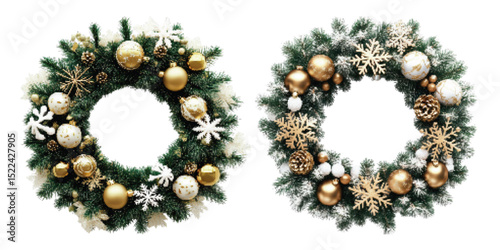 Decorative Christmas wreaths with golden and white ornaments, featuring snowflakes and pine foliage on a white background