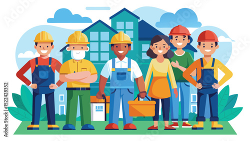 Cartoon Illustration of Construction Workers and Residents Standing in Front of Colorful Houses