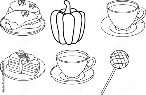 Hand Drawn Vector Line Art of Tea, Cake, and Sweets