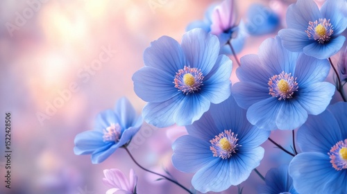 Captivating floral portrait of blooming blue poppy flowers with a pastel background and dreamy aesthetic