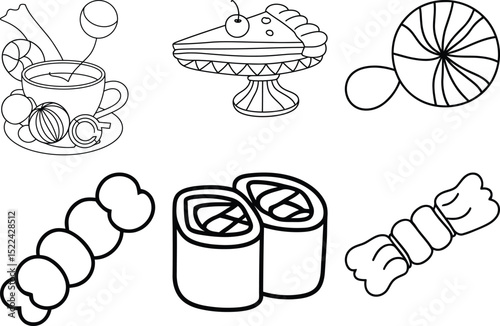 Hand Drawn Vector Line Art of Dessert, Candy, Tea, and Sushi Icons