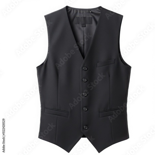 Isolated black formal vest with buttons and pockets on a white background