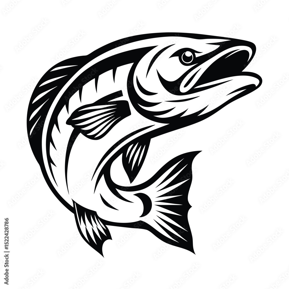 Naklejka premium Black and White Jumping Salmon Silhouette Illustration, Leaping Fish Design, River Life