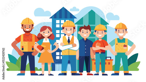 Construction Crew Cartoon Illustration with Buildings and Foliage in Background Featuring Workers and Engineer