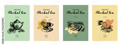 Herbal tea banner set with vintage teapot, cup, herbs, plantation field. Natural eco product. Hand drawn vector illustration.