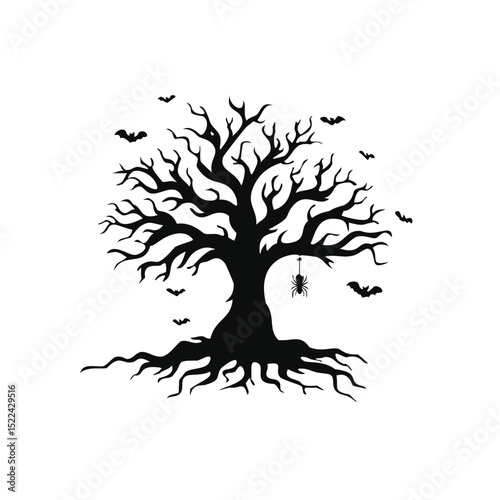 Spooky halloween tree bats spider silhouette illustration