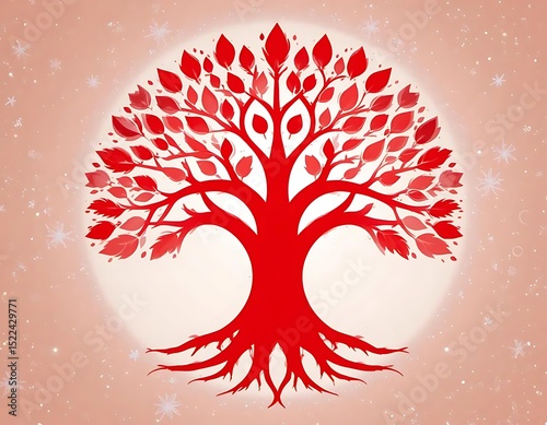 Red tree of life illustration spiritual art symbol roots branches leaves design background for wallpaper