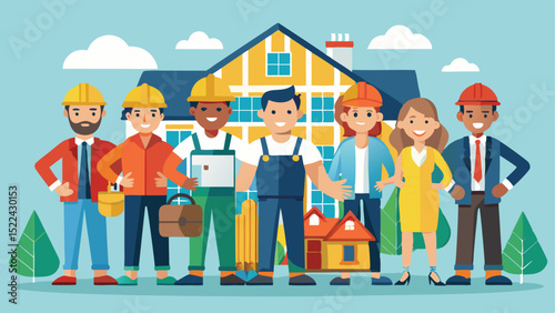 Diverse Team of Construction Workers Standing in Front of Newly Built House Illustration