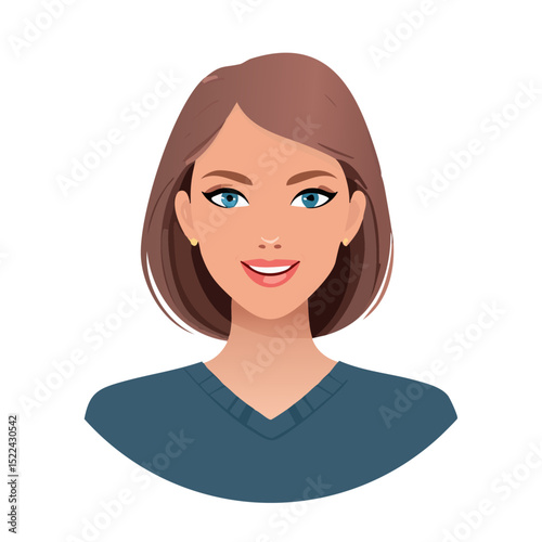 Flat Vector. Portrait of only one Woman. Simple Background.