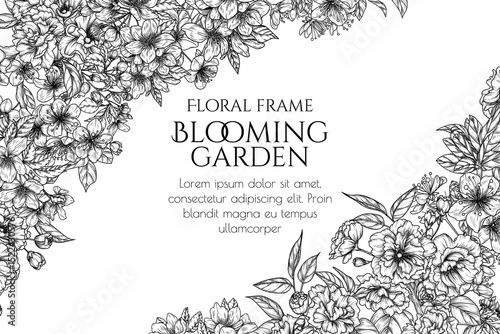 Vector frame with blooming inflorescences. Sakura, flowering apple and cherry trees. Wedding invitation template with spring flowers. Delicate decor of flowering branches