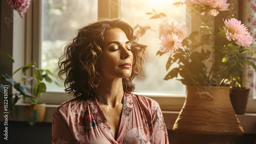 young woman meditating indoors at sunrise, sitting quietly on floor video concept wellness mindfulness morning routine health media yoga lifestyle