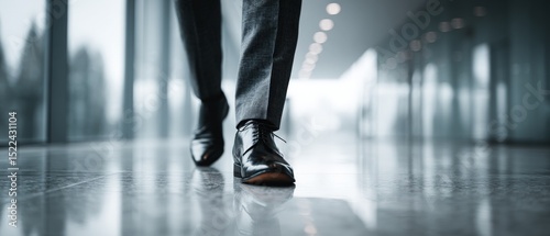 A cropped view of a man in formal shoes walking confidently through a glossy office corridor with bokeh lights