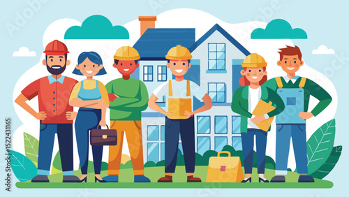 Smiling Construction Team Poses in Front of a House, Wearing Safety Helmets and Work Clothes