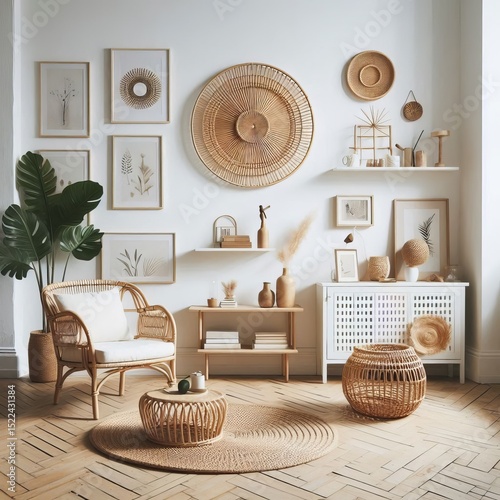 Scandinavian Minimalist White Interior with Natural Rattan Furni photo