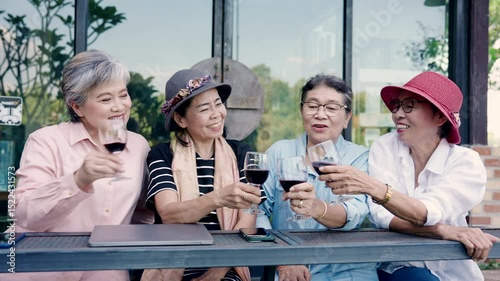 asian senior women smiling and clinking glasses during cheerful retirement toast in outdoor cafe expressing connection, freedom, and lifestyle joy in friendship moment