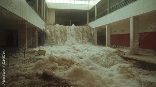 Devastating indoor flood damage inside commercial building after catastrophe