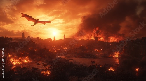 Fantasy Dragon Soaring Over a Burning Cityscape at Sunset Creating an Epic Scene