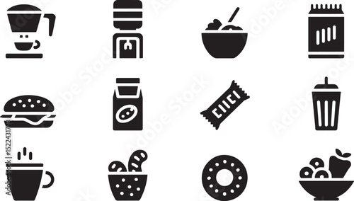 Black and white icon set illustrating various food beverages and snacks for digital use