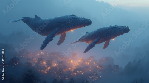 Surreal Scene of Two Humpback Whales Floating Above a Misty Village
