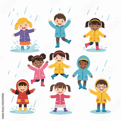 Kids playing in rain puddles wearing raincoats