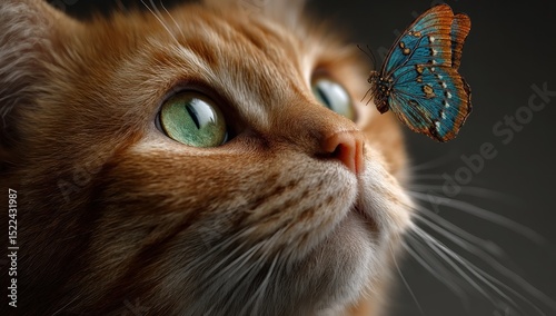 Ginger cat gazing at a perched butterfly with curious eyes and whiskers
