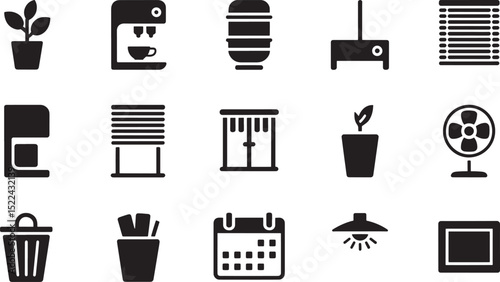 Collection of black and white office and home icon set for design and web use