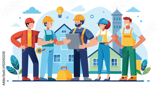 Team of Home Construction Workers Reviewing Plans with Houses and Lightbulb Graphic