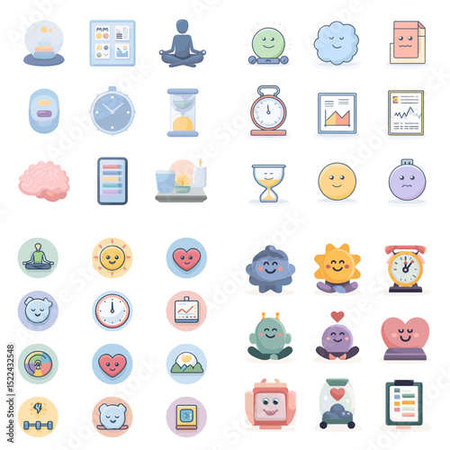 Cute mental health and mindfulness icon set with meditation poses, emotions, time tracking, progress charts, and calming therapy visuals.

