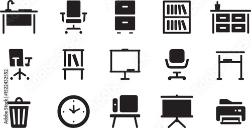 Collection of office icons depicting furniture and equipment in clean minimalistic black style