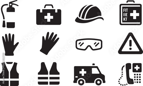 Essential safety icons representing emergency equipment and occupational hazard awareness